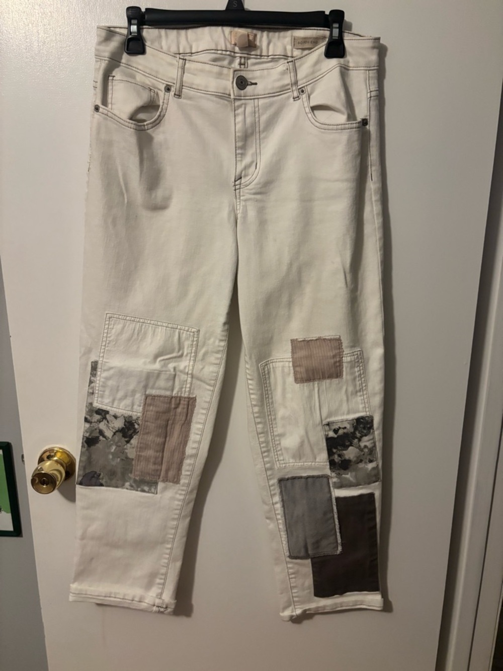 Retro Boho Cream High-Rise Patchwork Boyfriend Jeans Y2K 90s Style Size 8